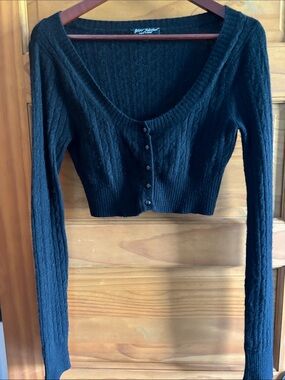 Betsy Johnson Cashmere Cropped Black Cable Knit Button-Front Cardigan